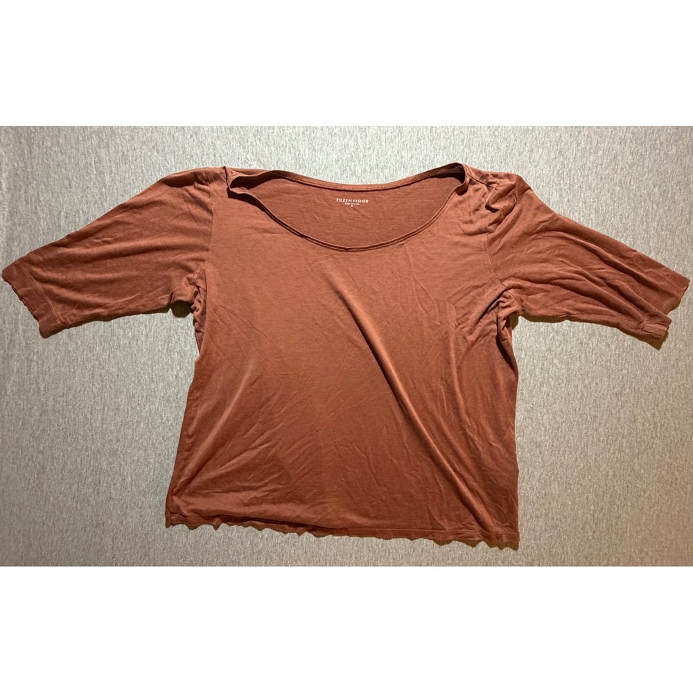 Eileen Fisher Silk Cotton Jersey Scoop Neck Top Terracotta Rust Medium SOSCJ-1